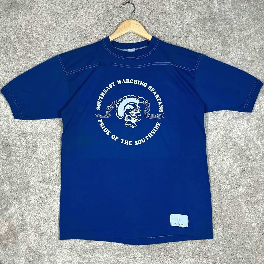 VTG 80s Southeast Marching Spartans T-Shirt Mens Lg Blue Gulf Coast Sportswear